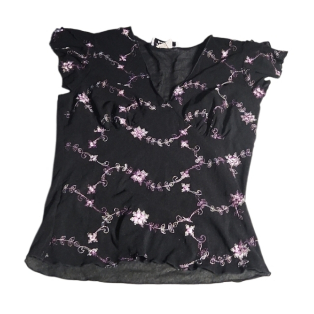 Made In USA Lavander Black Embroidered Vintage 90s Top Sheer Dressy Jrs Lg